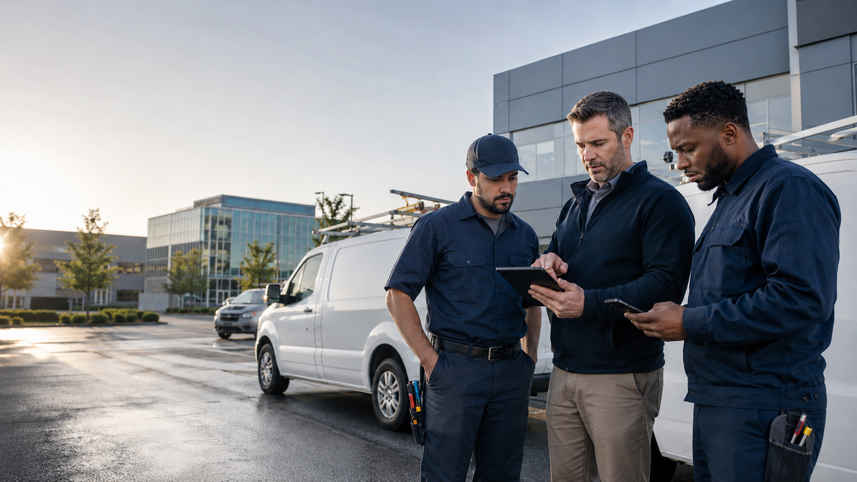 HVAC and mechanical service professionals coordinating field work beside service vehicles