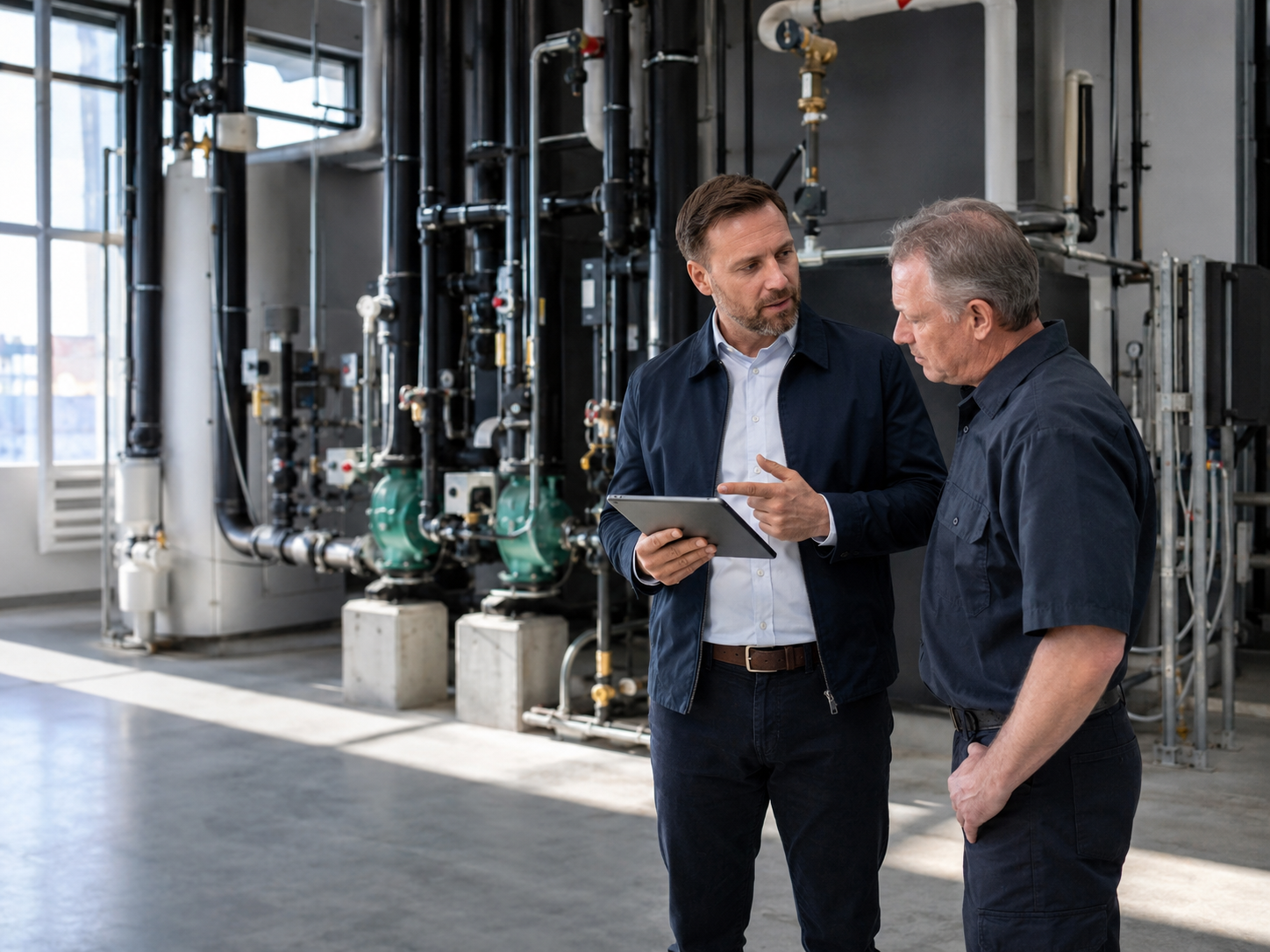 Maintenance and service operations leader coordinating work with a technician