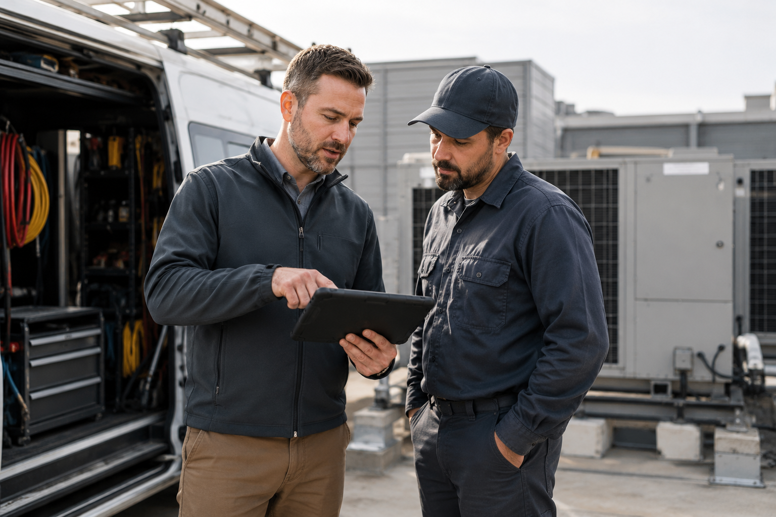 HVAC and mechanical field service team coordinating work